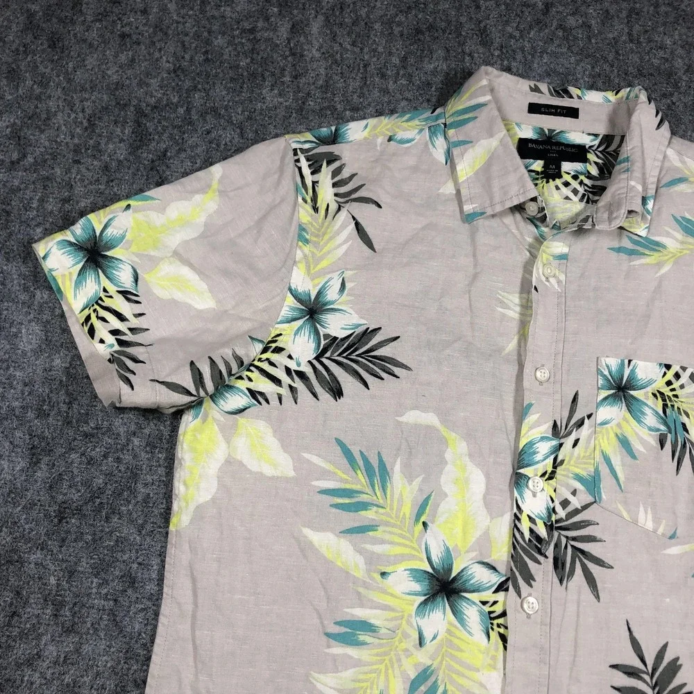 Banana Republic Shirt Mens M Multicolor Floral Linen Button Up Hawaiian Casual